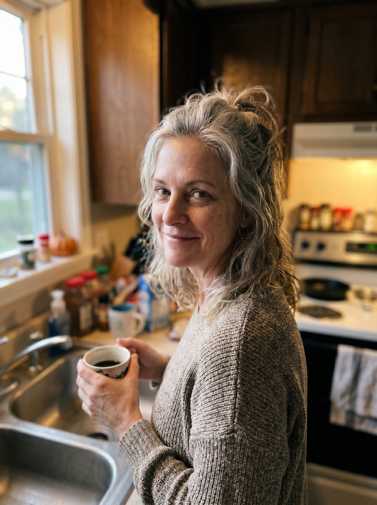 A woman at the kitchen sink, half-turned, soft rested smile