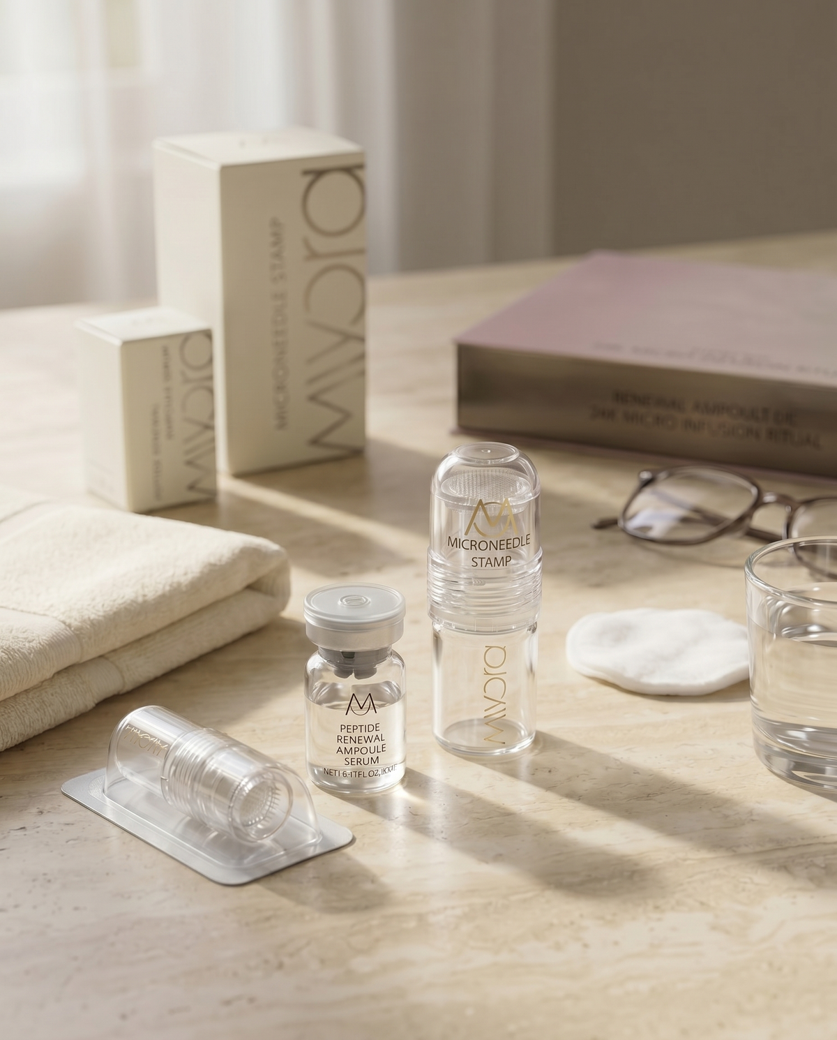 The Miyora kit on a vanity beside a journal